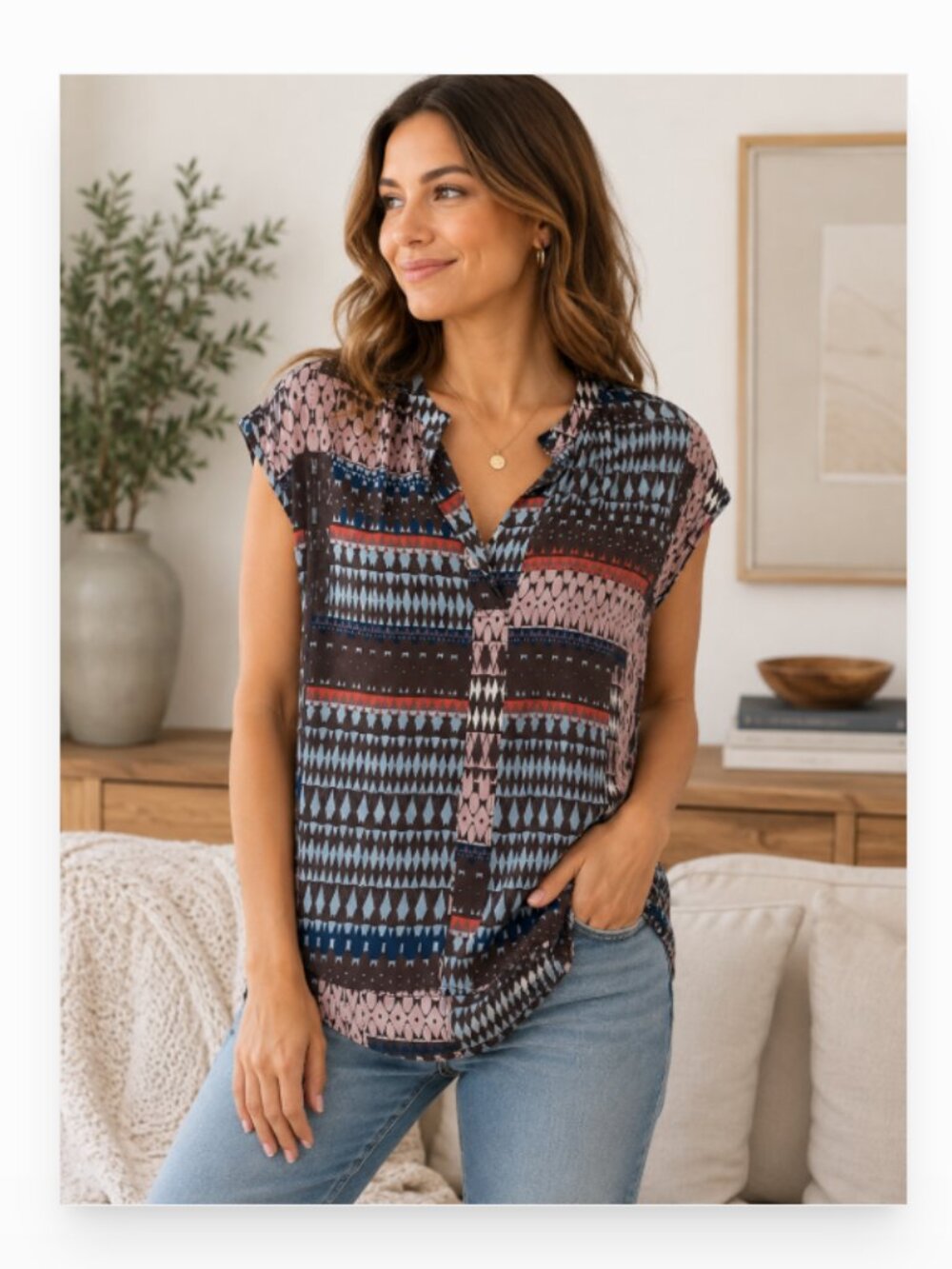 Anthropologie Odells L 100% silk mixed geometric print split neck high low top